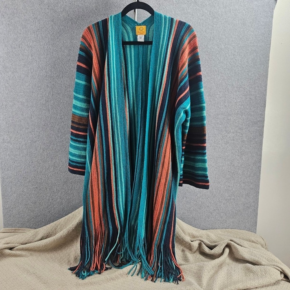 RUBY RD | Long Ombré Stripe Fringe Open Front Cardigan Duster Sz PL/PXL Bohemian